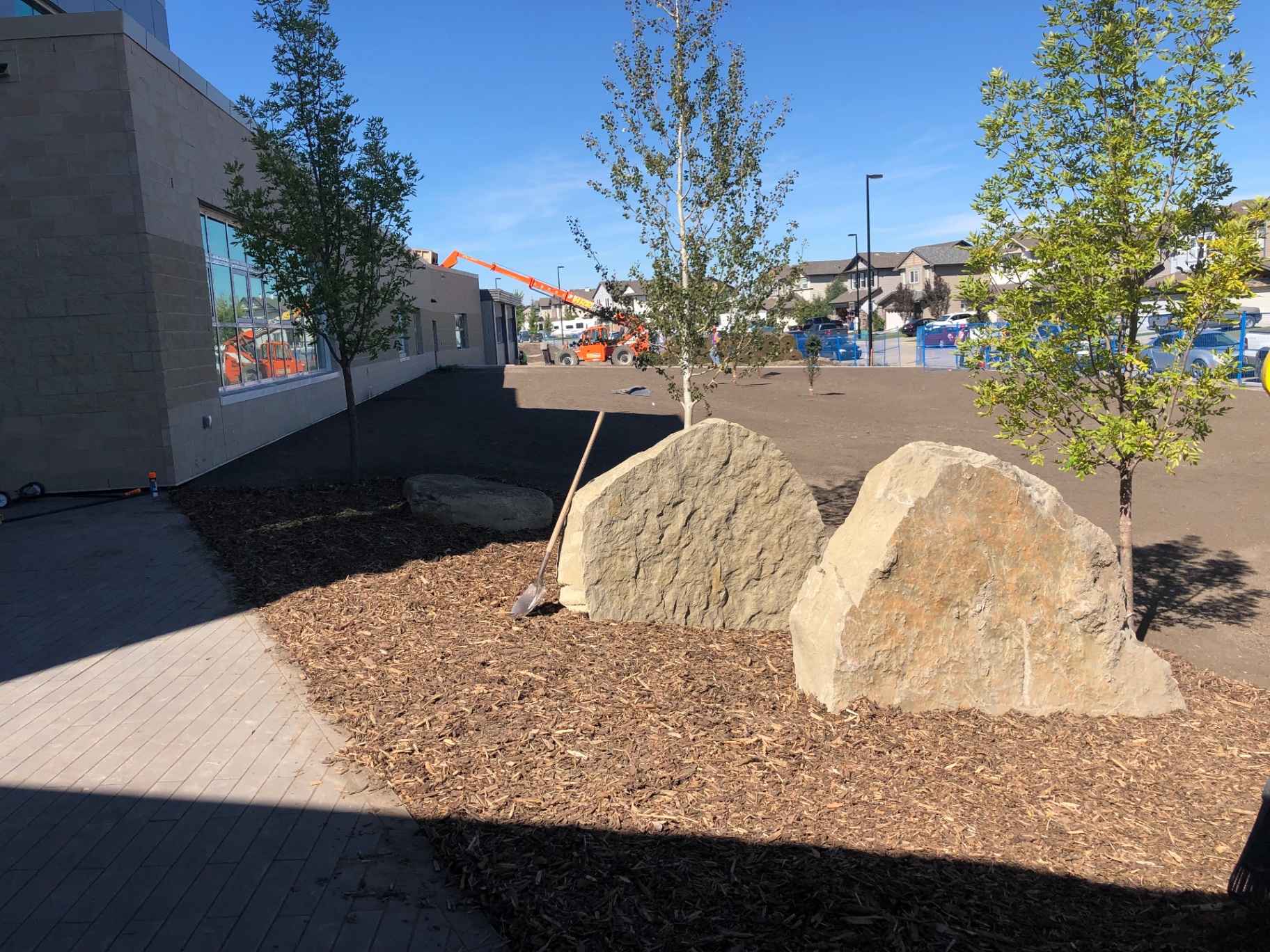 Feature boulders and trees at a commercial building entry
